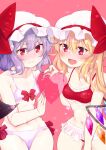  2girls bikini blonde_hair breasts cleavage closed_mouth cowboy_shot dra_(area-s) fang flandre_scarlet frilled_bikini frills hair_ribbon hat heart highres light_purple_hair mob_cap multiple_girls navel open_mouth pink_background red_bikini red_eyes red_ribbon remilia_scarlet ribbon side_ponytail swimsuit touhou wavy_hair white_bikini white_headwear 