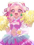  1girl cheerleader clover_earrings cone_hair_bun crop_top cure_yell frills hair_bun hair_ornament heart heart_hair_ornament heart_pouch highres holding holding_pom_poms hugtto!_precure ishidai_(ishidai4682) midriff miniskirt navel nono_hana open_mouth pink_skirt pom_pom_(cheerleading) precure see-through see-through_sleeves skirt smile thick_eyelashes upper_body 