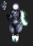  1_eye absurd_res ambiguous_gender arm_cannon bewbtek_shield_blaster black_body blue_body burakkushido floating glowing glowing_eyes grey_background hi_res humanoid looking_at_viewer machine metallic_body paccsu robot robot_humanoid simple_background solo thick_thighs wide_hips 