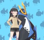  1girl alternate_costume asatsuki_(fgfff) bangs black_hair black_shorts blue_background blush_stickers brown_sweater closed_eyes closed_mouth commentary_request dawn_(pokemon) empoleon hair_ornament hairclip hands_on_hips highres long_hair magikarp outline over-kneehighs pokemon pokemon_(creature) pokemon_(game) pokemon_dppt shorts sidelocks smile sweater thighhighs 