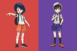  1boy 1girl asatsuki_(fgfff) backpack bag bangs black_socks blue_headwear breast_pocket brown_eyes brown_hair collared_shirt commentary_request florian_(pokemon) grey_headwear grey_shirt hand_up hat highres holding holding_poke_ball juliana_(pokemon) knees necktie open_mouth orange_necktie orange_shorts outstretched_arm pocket poke_ball poke_ball_(basic) pokemon pokemon_(game) pokemon_sv purple_necktie purple_shorts shirt shoes shorts socks standing white_socks 