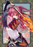  armor arms_up bow bridal_gauntlets fire flaming_sword flaming_weapon floral_background floral_print hair_bow hair_ornament holding holding_weapon japanese_armor japanese_clothes jouizumi_masamune katana long_hair pisuke pyrokinesis red_eyes red_hair rope scabbard serious sheath sidelocks sword tenka_hyakken twintails waist_cape weapon wide_sleeves 