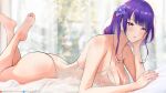 1girl bare_shoulders barefoot breasts dan-98 elbow_rest feet_up flower genshin_impact hair_flower hair_ornament highres large_breasts lying on_side on_stomach one-piece_swimsuit purple_eyes purple_hair raiden_shogun soles solo swimsuit the_pose 
