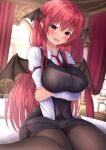  1girl :d arm_under_breasts backlighting bangs bat_wings black_vest bloom blurry blurry_background blush breasts covered_nipples curtains depth_of_field fang head_wings highres koakuma large_breasts long_hair long_sleeves looking_at_viewer necktie overexposure panties pantyhose pantyshot pink_eyes red_hair reijing_etrn shirt sitting skirt smile solo touhou underwear very_long_hair vest wariza wings 