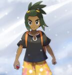  1boy asatsuki_(fgfff) backpack bag black_shirt clenched_hand closed_mouth commentary_request dark-skinned_male dark_skin day floral_print frown green_hair grey_eyes hau_(pokemon) holding holding_poke_ball male_focus orange_bag orange_shorts outdoors poke_ball poke_ball_(basic) pokemon pokemon_(game) pokemon_sm shirt short_ponytail shorts snowing solo split_mouth 