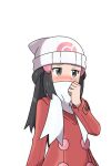  1girl asatsuki_(fgfff) beanie black_hair buttons coat commentary_request dawn_(pokemon) embarrassed eyelashes grey_eyes hair_ornament hairclip hand_up hat long_hair long_sleeves looking_away pokemon pokemon_(game) pokemon_dppt pokemon_platinum red_coat scarf scarf_over_mouth sidelocks simple_background solo upper_body white_background white_headwear white_scarf 
