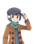  1boy asatsuki_(fgfff) bangs black_hair brown_coat closed_mouth coat commentary_request green_scarf grey_eyes grey_headwear grey_sweater hand_on_headwear hat long_sleeves looking_at_viewer lucas_(pokemon) male_focus open_clothes open_coat pokemon pokemon_(game) pokemon_bdsp scarf short_hair simple_background smile solo split_mouth sweater upper_body white_background 