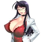  bakunyuu_hoken_onna_kyoushi black_hair breasts choker cleavage covered_nipples glasses huge_breasts jpeg_artifacts long_hair mole nurse shinomiya_yurika smile solo takahashi_record 