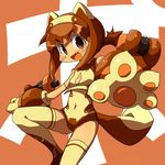  animal_ears brown_eyes brown_hair busou_shinki fang kakikukeko leotard navel paws pomock solo tail thighhighs yellow_leotard 