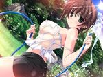  1girl atelier_kaguya blush breasts brown_hair choco_chip choker dutch_angle game_cg hose huge_breasts katei_kyoushi_no_oneesan lens_flare no_bra see-through shiono_nagisa short_hair sideboob solo sun wet wet_clothes 