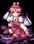  animal_ears black_legwear blush dark dress hanema hat mystia_lorelei pink_eyes pink_hair short_hair sitting skirt skirt_lift solo thighhighs touhou wings zettai_ryouiki 