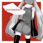  adapted_costume album_cover ass back belt cover cowboy_shot detached_sleeves facing_away from_behind hatsune_miku highres long_hair monochrome pinocchio-p red_background solo thighhighs twintails very_long_hair vocaloid wings 