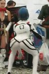  ass ass_shake ayanami_rei ayanami_rei_(cosplay) bent_over blue_hair cosplay dance from_behind gif link neon_genesis_evangelion photo shaking 