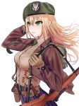  1girl backpack bag bayonet belt beret blonde_hair bullet girls_frontline gloves green_eyes gun hat highres long_hair m1_garand m1_garand_(girls_frontline) military_hat necktie rifle sheath sheathed solo testame weapon white_background 