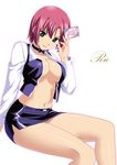 bad_id bad_pixiv_id breasts card cleavage green_eyes hechima medium_breasts midriff miniskirt open_clothes open_shirt pencil_skirt red_hair rio_rollins shirt short_hair skirt solo super_blackjack transparent_background 
