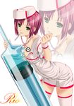  bad_id bad_pixiv_id breasts cleavage green_eyes hat hechima medium_breasts miniskirt nurse nurse_cap red_hair rio_rollins short_hair skirt smile solo super_blackjack syringe thighhighs transparent_background 