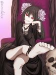  1girl anklet barefoot black_hair breasts cleavage feet flower grin hair_flower hair_ornament head_rest highres jewelry long_hair looking_at_viewer miracle_tou pov pov_feet rance_ix red_eyes sitting skull smile soles throne toes 