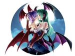  animal_print ass ass_grab bare_shoulders bat_print bat_wings breasts cleavage demon_girl elbow_gloves feathers fingerless_gloves gloves grabbing_another's_ass green_eyes green_hair groping head_wings incest large_breasts leotard lilith_aensland long_hair moon morrigan_aensland multiple_girls night night_sky panties pantyhose print_legwear purple_hair purple_wings red_eyes red_leotard saliva saliva_trail short_hair siblings sky succubus thong tonoimo underwear vampire_(game) wings yuri 