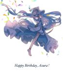  1girl aqua_(fire_emblem_if) blue_hair elbow_gloves fingerless_gloves fire_emblem fire_emblem_if gloves happy_birthday jewelry long_hair nintendo outstretched_arm pendant petals pikapika_hoppe simple_background solo veil white_background white_gloves 
