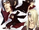  akatsuki_(naruto) akatsuki_uniform blonde_hair deidara forehead_protector headband lily_(artist) multiple_boys naruto_(series) naruto_shippuuden ninja uchiha_itachi 