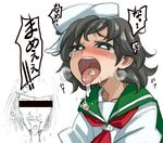  1girl ahegao beans black_hair blush bright_pupils censored face green_eyes hat identity_censor jack_sparrow murasa_minamitsu nada_haruka parody pirate pirates_of_the_caribbean pun sailor sailor_hat saliva short_hair simple_background sketch tears tongue tongue_out touhou translated white_background 