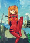  arm_behind_back bangs blue_eyes bodysuit bracer breasts building cloud day gloves hair_between_eyes hair_ornament hand_on_own_knee hashi hips knee_up light_smile long_hair looking_at_viewer mountain neon_genesis_evangelion number orange_hair outdoors plugsuit rock ruins shiny shiny_clothes sky skyscraper small_breasts smile solo souryuu_asuka_langley traffic_light turtleneck two_side_up water 