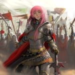  armor army axe blood blue_eyes breastplate cape chainmail contrapposto cowboy_shot flag fur-trimmed_skirt gauntlets greaves hachijuu hand_on_sword helmet highres horse knight long_hair medieval megurine_luka octopus pauldrons pink_hair plume polearm red_cape spear sword vocaloid weapon 