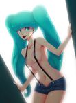  aqua_eyes aqua_hair boyaking hatsune_miku long_hair navel shorts solo suspenders twintails very_long_hair vocaloid 