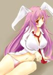  animal_ears bad_id bad_pixiv_id between_breasts blush breasts bunny_ears cleavage large_breasts long_hair navel necktie open_clothes open_shirt panties purple_hair red_eyes reisen_udongein_inaba shirt solo touhou underwear very_long_hair yutaro5313 