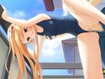  1boy 1girl aikagi_2 bent_over blonde_hair breast_grab censored f_and_c game_cg grabbing hair_riboon nureta_kami_ga_kawaku_mae_ni penis pussy red_eyes sex sky swimsuit 