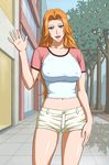  1girl beauty_mark bleach blue_eyes breasts erect_nipples female highres long_hair matsumoto_rangiku midriff mole nature orange_hair outdoors shorts sky solo standing wave waving x_bokkis 