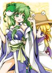  alternate_costume bad_id bad_pixiv_id bare_shoulders blonde_hair frog green_eyes green_hair hair_ornament hat japanese_clothes kimono kochiya_sanae long_hair looking_back moriya_suwako multiple_girls obi open_mouth purple_eyes reina_(black_spider) sash smile touhou 