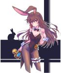  1girl animal_ears bare_shoulders bow bowtie breasts brown_eyes brown_hair brown_legwear bunny_ears bunny_girl bunny_tail bunnysuit camera cleavage coattails covered_navel detached_collar fishnet_pantyhose fishnets highres iesupa leotard long_hair pantyhose rwby single_garter solo strapless strapless_leotard tail velvet_scarlatina wrist_cuffs 