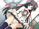  1girl black_hair game_cg hinamatsuri_touko long_hair mikoko_(game) panties print_panties school_uniform seifuku skirt skirt_lift solo strawberry_panties strawberry_print takegami_sayo underwear 