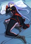  absurdres bed blue_hair bodysuit boots circlet crown fingerless_gloves gloves grey_eyes highres lafiel latex long_hair looking_back lying mikazuki_akira mikazuki_akira! on_side pillow pointy_ears seikai_no_senki skirt spandex torrent trimoon uniform 