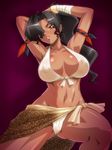  abs agna_mera_jigo areola_slip areolae arm_behind_head armband armpits arms_up bandages bangs bikini black_hair blush body_blush breasts breasts_apart bridal_gauntlets cleavage covered_nipples cowboy_shot curvy dark_skin front-tie_top gradient gradient_sarong hair_over_one_eye hand_on_own_head high_ponytail kagami_hirotaka kaiouki large_breasts long_hair looking_at_viewer lowleg lowleg_bikini navel orange_eyes parted_lips ponytail purple_background sarong solo spread_legs swimsuit thick_thighs thighs toned wavy_hair white_bikini 