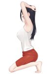  1girl arm_up arms_up barefoot black_hair breasts demi-chan_wa_kataritai easy_(aqk7bdqt) full_body hair_between_eyes kneeling long_hair medium_breasts profile purple_eyes red_shorts satou_sakie shirt shorts simple_background sleeveless sleeveless_shirt solo white_background white_shirt 