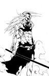  abs bleach dust greyscale horns kurosaki_ichigo long_hair male_focus mask monochrome skull solo sword torn_clothes vizard weapon 