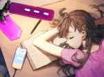  1girl bag brown_hair casual desk handbag head_on_table highres jun_(seojh1029) lamp long_hair original phone skirt sleeping solo table 