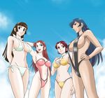  armpits bikini breasts brown_eyes brown_hair covered_nipples crossover dark_skin great_mazinger green_eyes hairband hand_on_hip honoo_jun large_breasts long_hair makiba_hikaru maria_grace_fleed mazinger_z multiple_girls navel open_mouth red_hair sabachiyo_land short_hair side-tie_bikini slingshot_swimsuit swimsuit ufo_robo_grendizer very_long_hair yumi_sayaka 