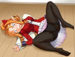  black_legwear borrowed_character brown_eyes crotch_seam drill_hair jouwan orange_hair original panties panties_under_pantyhose pantyhose pointy_ears solo spread_legs thighband_pantyhose underwear 