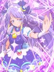  1girl ahoge bangs blue_eyes blunt_bangs closed_mouth cowboy_shot crescent crescent_earrings cure_selene detached_collar dress earrings emphasis_lines hair_ornament hair_tubes jewelry kaguya_madoka long_hair looking_at_viewer magical_girl precure puffy_sleeves purple purple_background purple_dress purple_hair sidelocks smile solo sparkle star star_twinkle_precure tj-type1 wrist_cuffs 