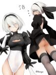  1girl akino_shuu ass bangs black_dress black_hairband blindfold blue_eyes breasts character_name cleavage cleavage_cutout clothing_cutout commentary_request dress eyes_visible_through_hair hair_over_one_eye hairband head_tilt leotard long_sleeves medium_breasts multiple_views nier_(series) nier_automata puffy_long_sleeves puffy_sleeves short_hair simple_background twitter_username white_background white_hair white_leotard yorha_no._2_type_b 