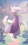  absurdres closed_eyes closed_mouth commentary_request full_body goodra highres leg_up lily_pad momota_pix no_humans outdoors pokemon pokemon_(creature) rain smile solo standing standing_on_one_leg water 