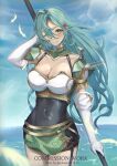  1girl ;) absurdres aqua_hair armor bare_shoulders blue_sky braid breasts chloe_(fire_emblem) cleavage commentary commission covered_navel cowboy_shot day elbow_gloves elvandec feathers fire_emblem fire_emblem_engage gloves green_eyes hair_over_one_eye hand_in_own_hair highres large_breasts lens_flare long_hair looking_at_viewer one_eye_closed pauldrons shoulder_armor sky smile solo standing thighs very_long_hair water white_gloves 