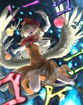  1girl blonde_hair blurry blurry_background danmaku depth_of_field dress feathered_wings highres multicolored_hair niwatari_kutaka open_mouth otomeza_ryuseigun red_eyes red_hair short_hair touhou wings 