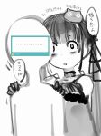  1girl 1other :o anquette-chan_(nanashi) bags_under_eyes creature dress gloves hair_ornament hair_ribbon hands_on_another&#039;s_shoulders nanashi_(nlo) original ribbon simple_background translation_request twintails white_background wide-eyed 