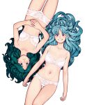  2girls bare_arms bare_shoulders blue_eyes blue_hair blue_nails blue_pubic_hair bra breasts collarbone colored_pubic_hair commentary_request fangs female_pubic_hair from_above green_hair green_nails green_pubic_hair grin hair_spread_out hamada_yoshikazu hand_on_own_stomach highres kiriha_(tsugumomo) kukuri_(tsugumomo) lace lace_bra lace_panties light_blue_hair lingerie long_hair looking_at_viewer lying midriff multiple_girls nail_polish navel official_art on_back panties parted_lips pointy_ears pubic_hair red_eyes rotational_symmetry simple_background small_breasts smile teeth thigh_gap thighs tsugumomo underwear underwear_only white_background white_bra white_panties 