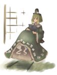  1girl 87ilil bangs black_headwear book closed_mouth full_body ghost_tail green_eyes green_hair hat holding holding_book long_sleeves ofuda ofuda_on_clothes reading soga_no_tojiko solo tate_eboshi touhou wide_sleeves 