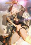  1girl bandages bandeau bangs character_request chest_sarashi commentary_request drum final_fantasy final_fantasy_xiv fireworks fundoshi grin haori highres holding instrument japanese_clothes kio_naoki long_hair mask mask_on_head midriff navel profile sarashi smile solo standing stomach strapless thighs tube_top white_hair 